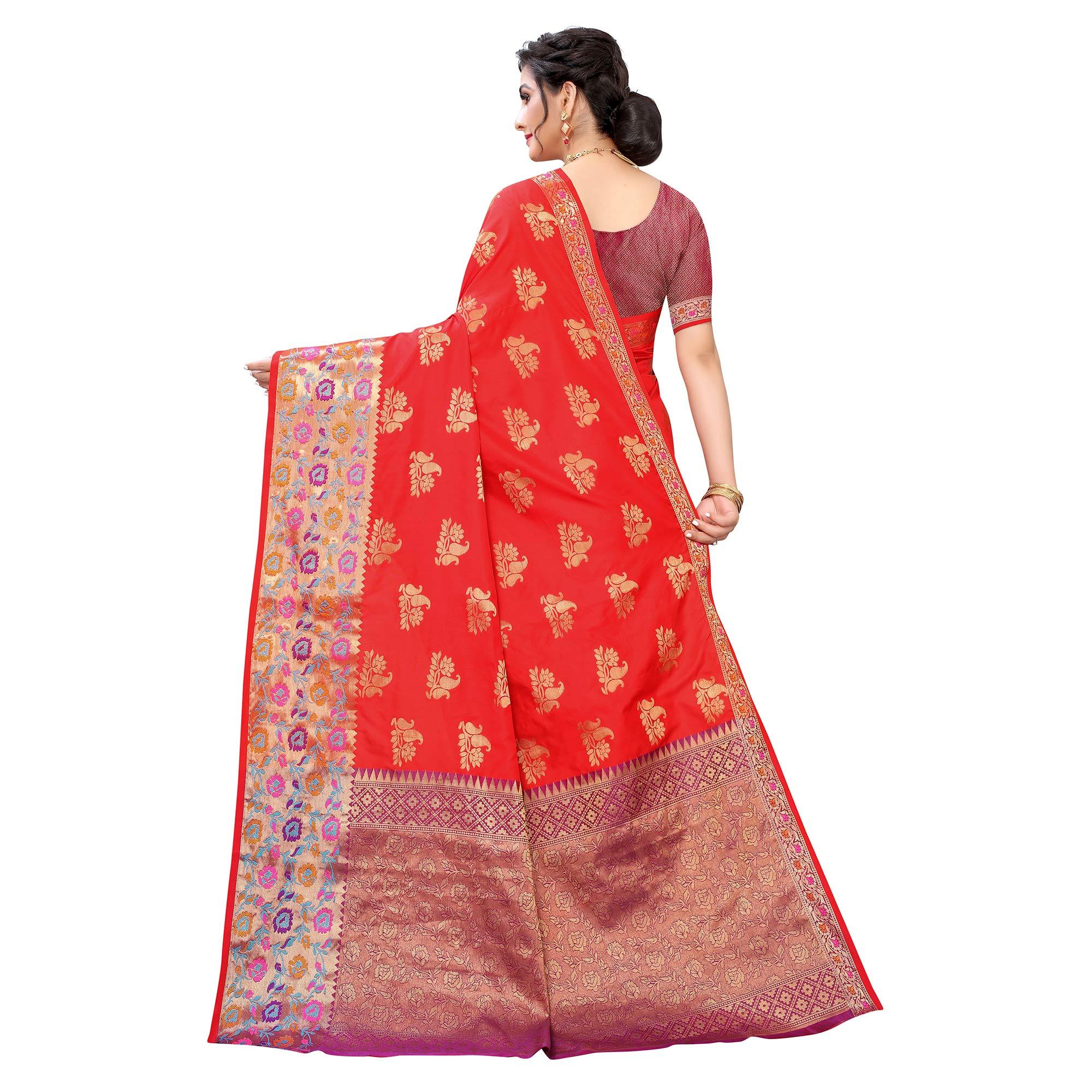 Red Festive Wear Jari Woven Heavy Silk Saree - Peachmode