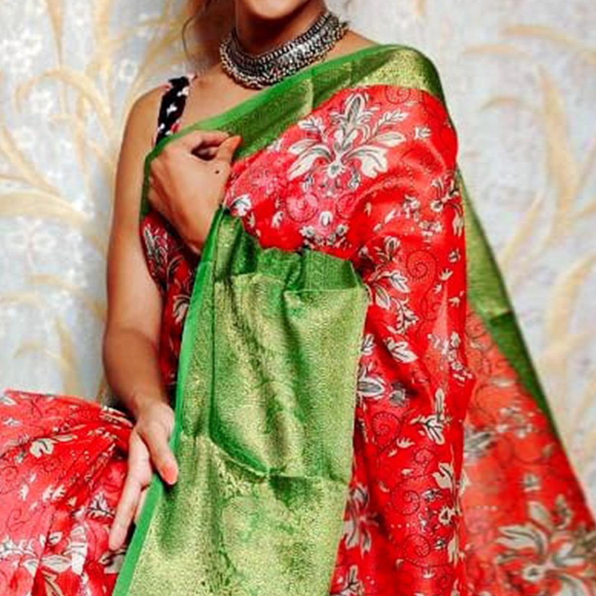 Red Festive Wear Kalamkari Printed Chanderi Silk Saree With Zari Weaving Border - Peachmode