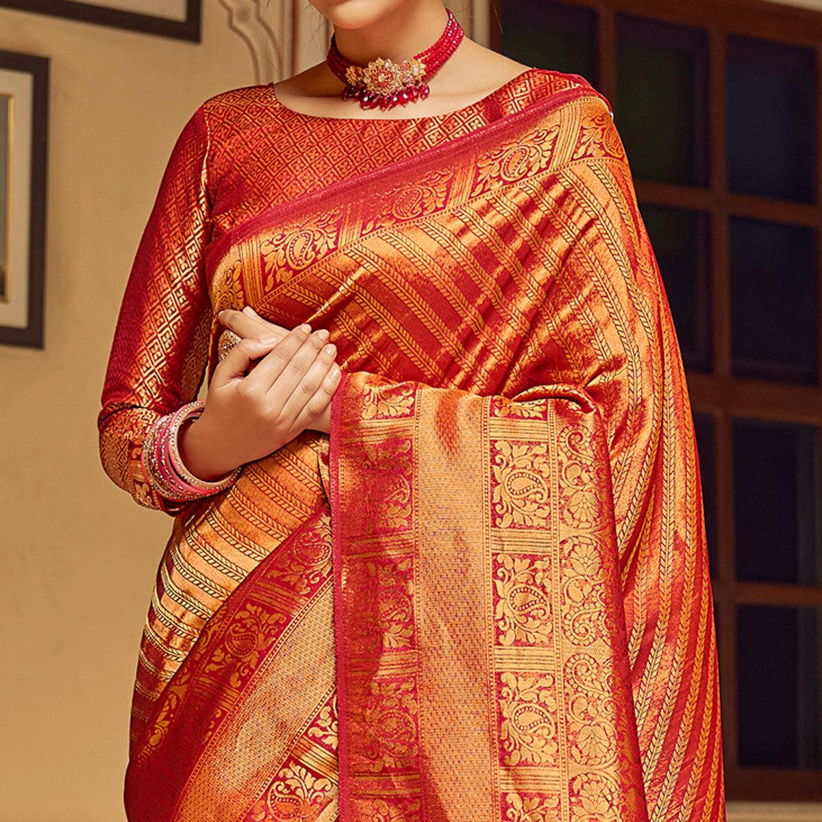 Red Festive Wear Kanjivaram Blended Silk Saree With Tassels - Peachmode