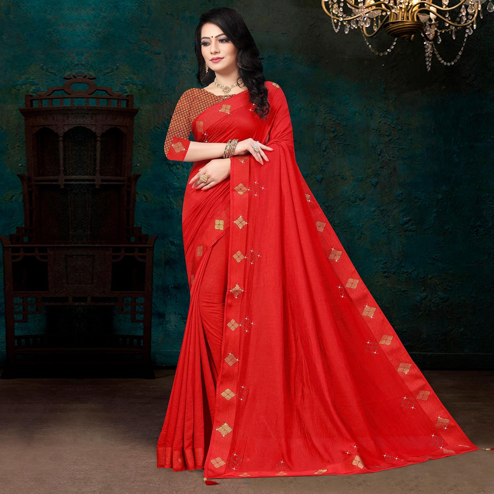 Red Festive Wear Lace With Stone Work Silk Designer Saree - Peachmode