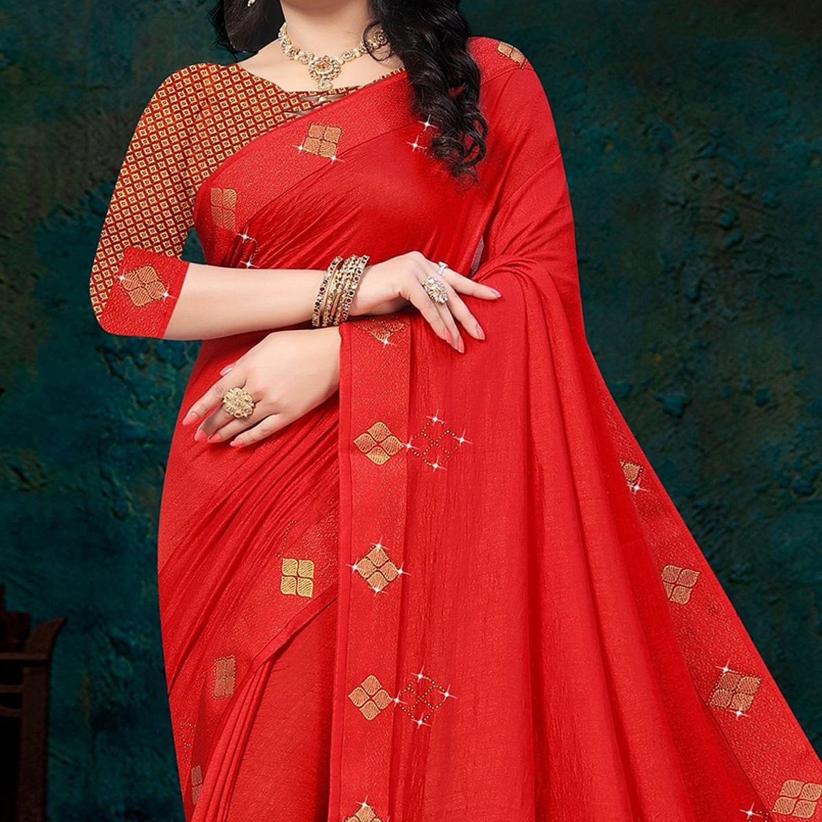 Red Festive Wear Lace With Stone Work Silk Designer Saree - Peachmode