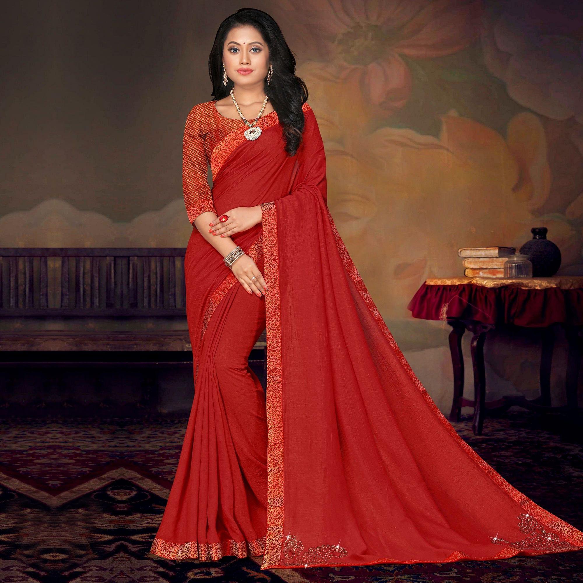 Red Festive Wear Lace Work Silk Saree - Peachmode