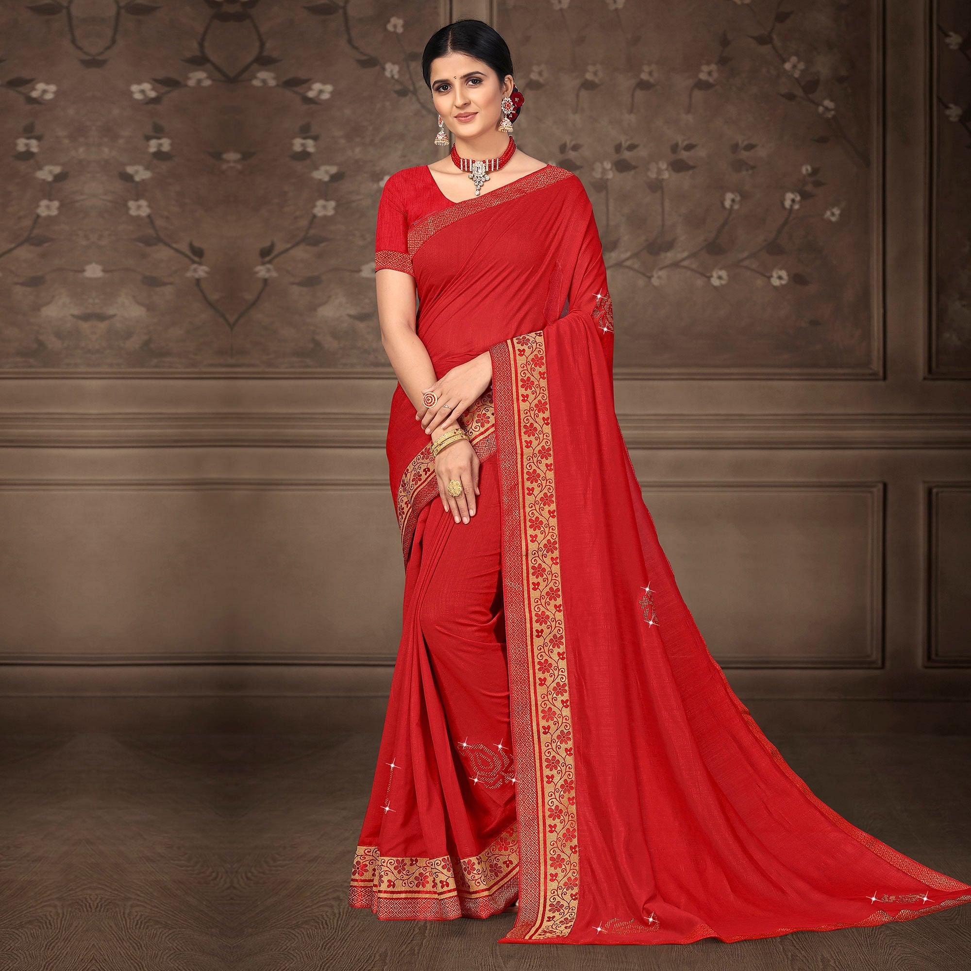 Red Festive Wear Lace Work Silk Saree - Peachmode
