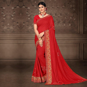 Red Festive Wear Lace Work Silk Saree - Peachmode