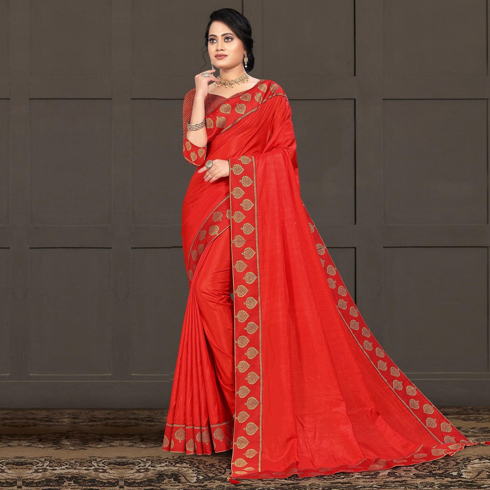 Red Festive Wear Lace Work Silk Saree - Peachmode