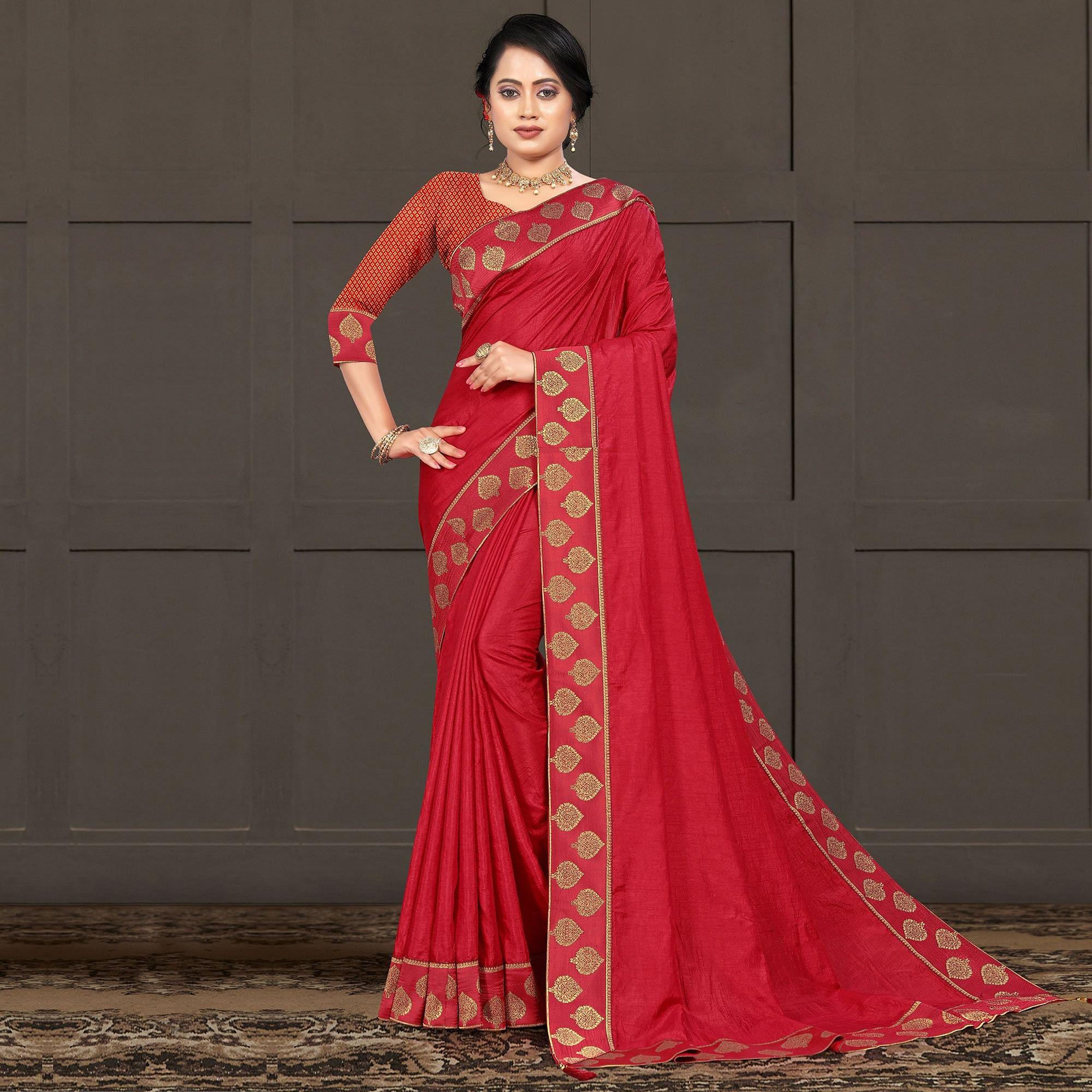 Red Festive Wear Lace Work Silk Saree - Peachmode
