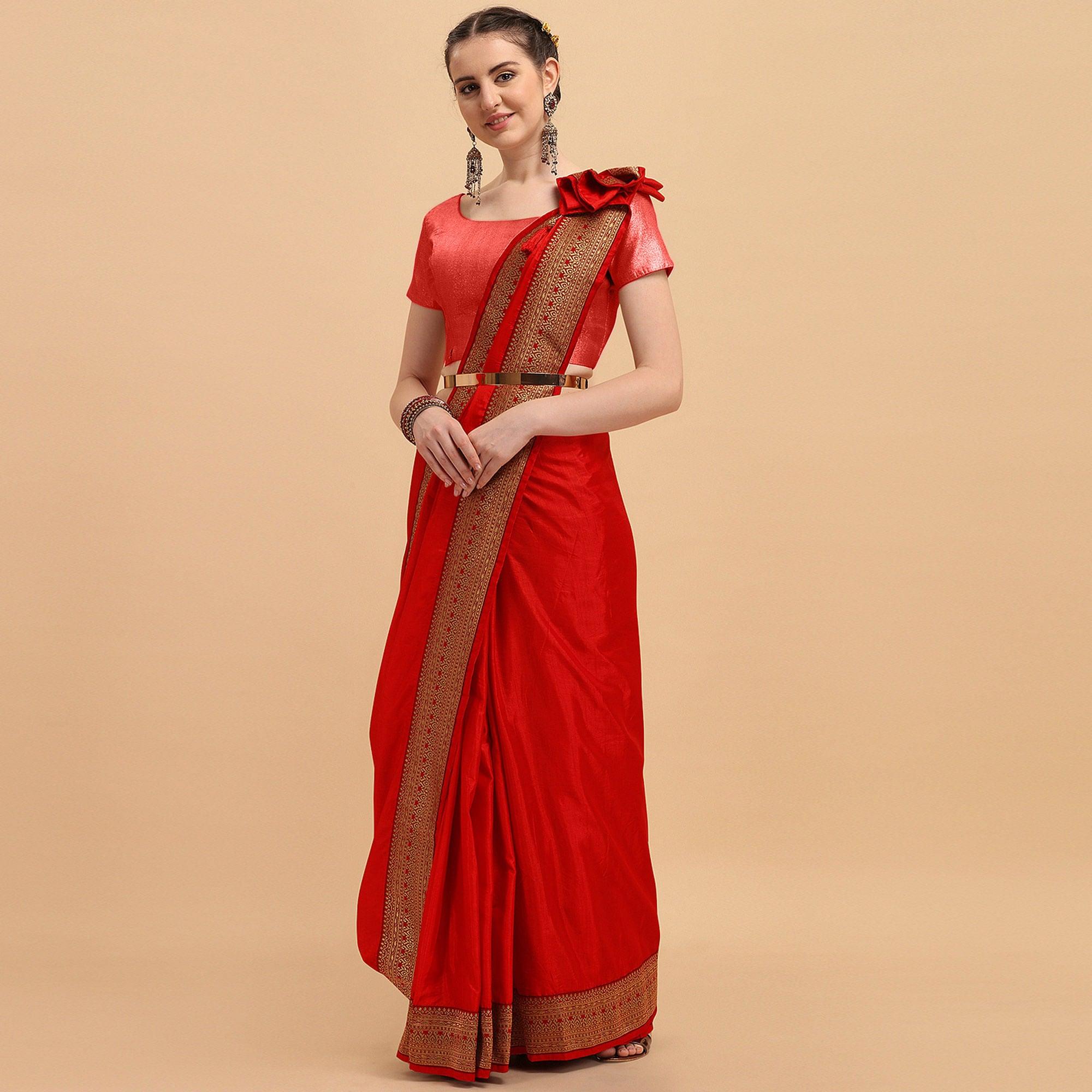 Red Festive Wear Lace Work Silk Saree - Peachmode
