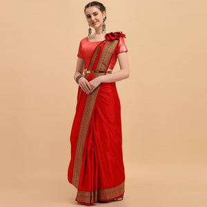 Red Festive Wear Lace Work Silk Saree - Peachmode
