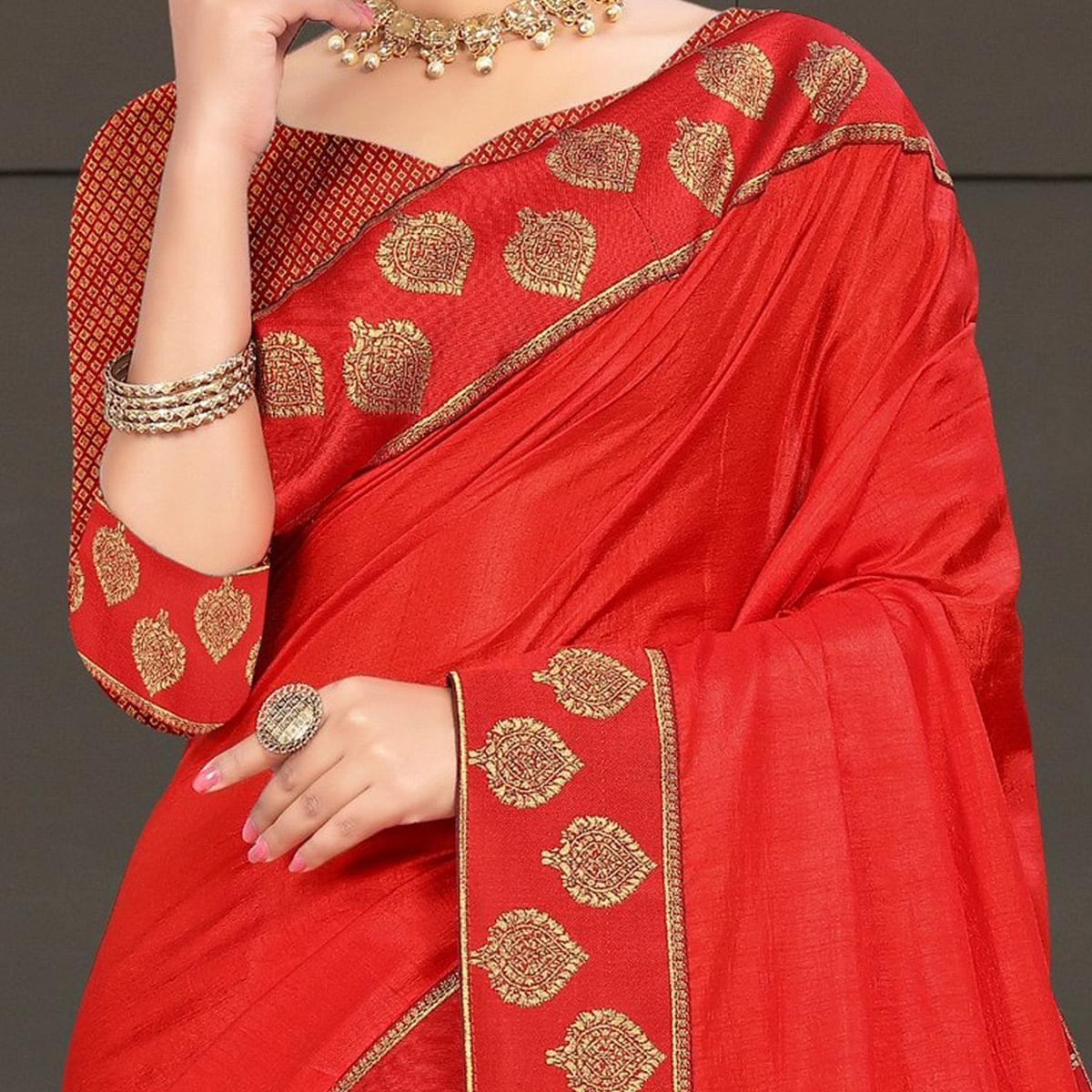 Red Festive Wear Lace Work Silk Saree - Peachmode