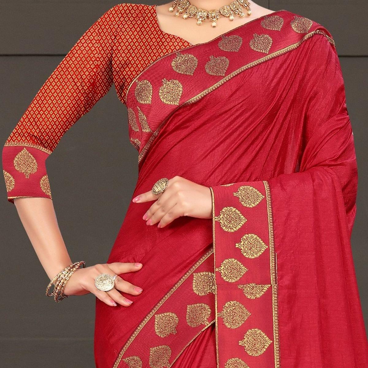 Red Festive Wear Lace Work Silk Saree - Peachmode
