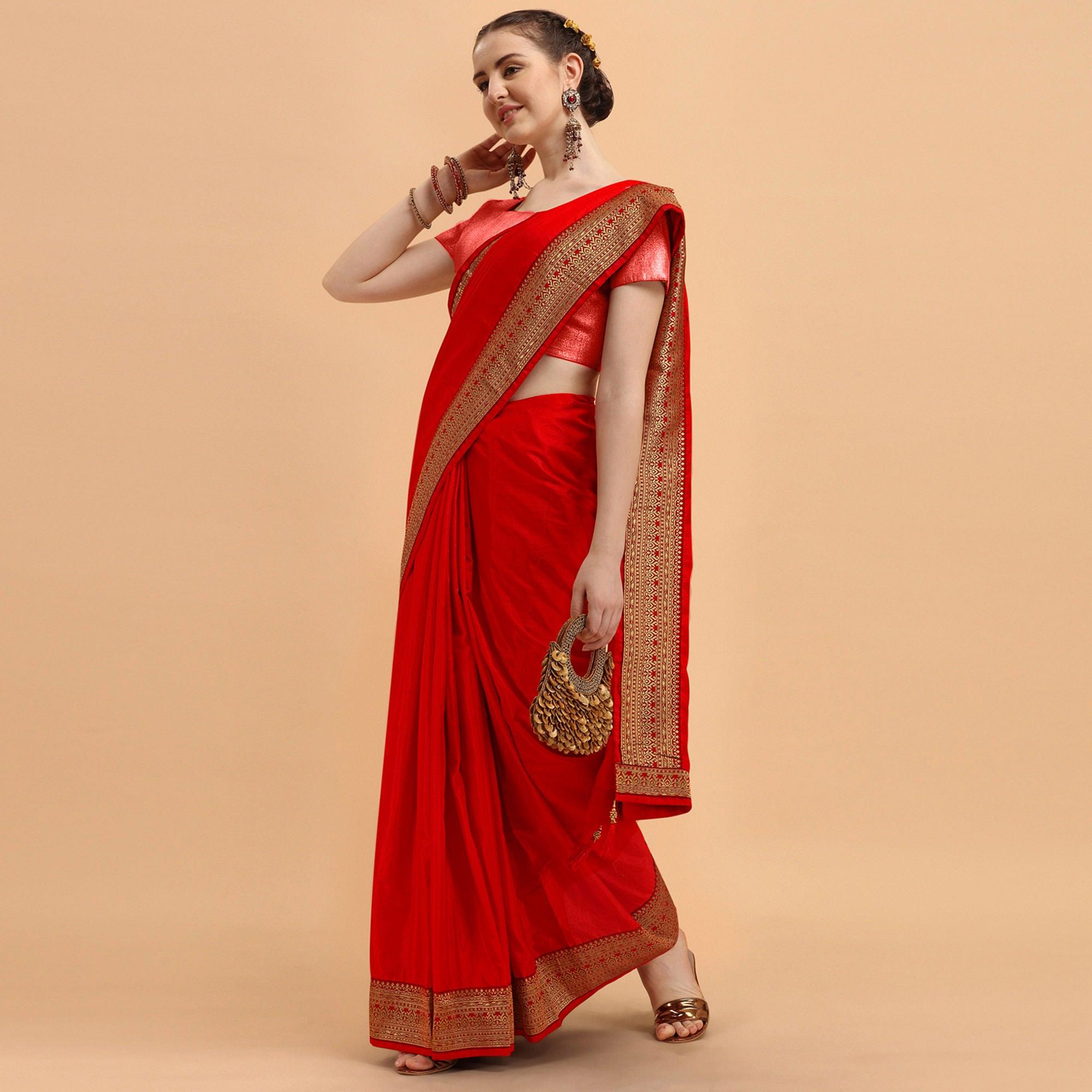 Red Festive Wear Lace Work Silk Saree - Peachmode