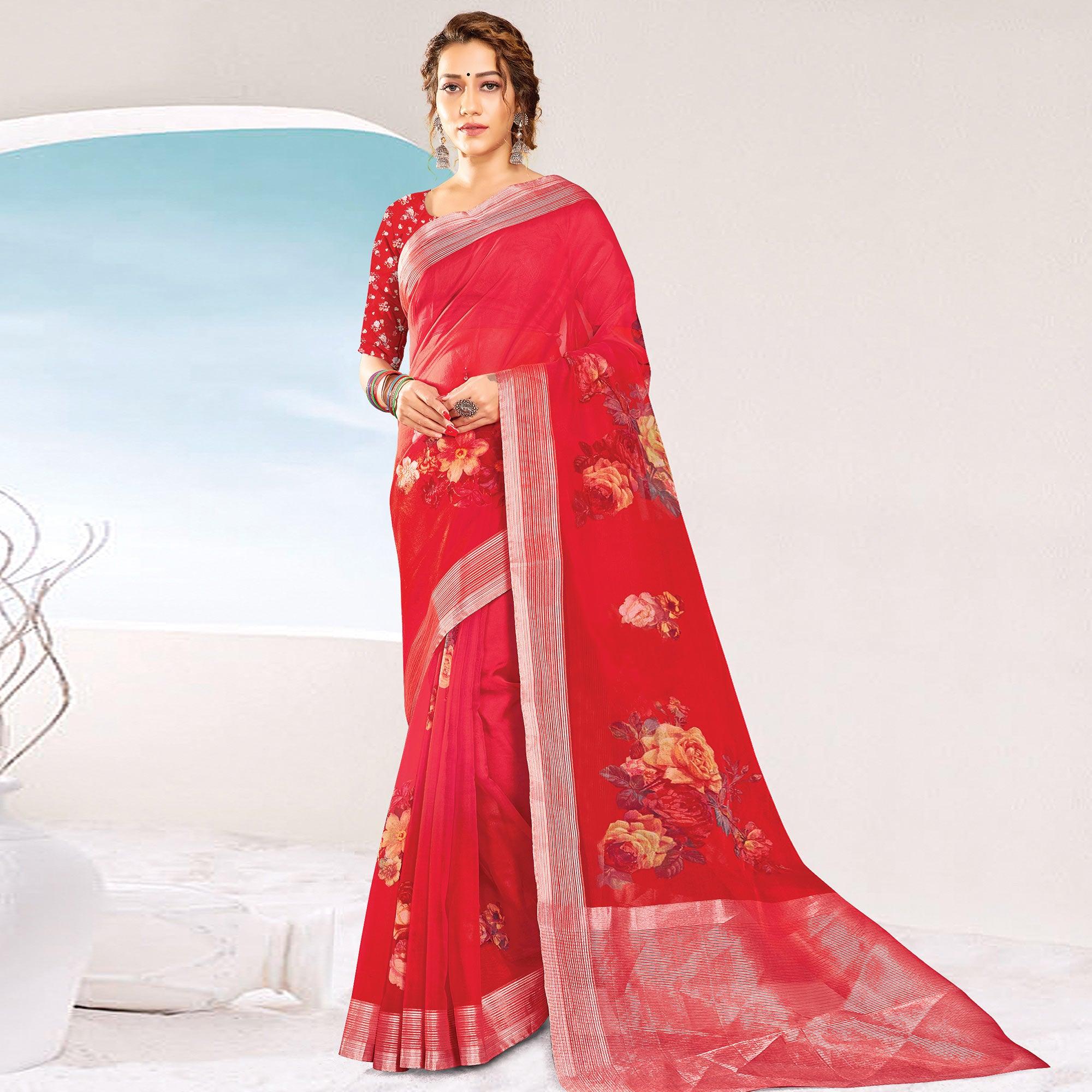 Red Festive Wear Printed & Woven Organza Saree - Peachmode