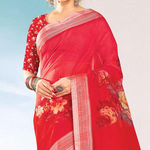 Red Festive Wear Printed & Woven Organza Saree - Peachmode