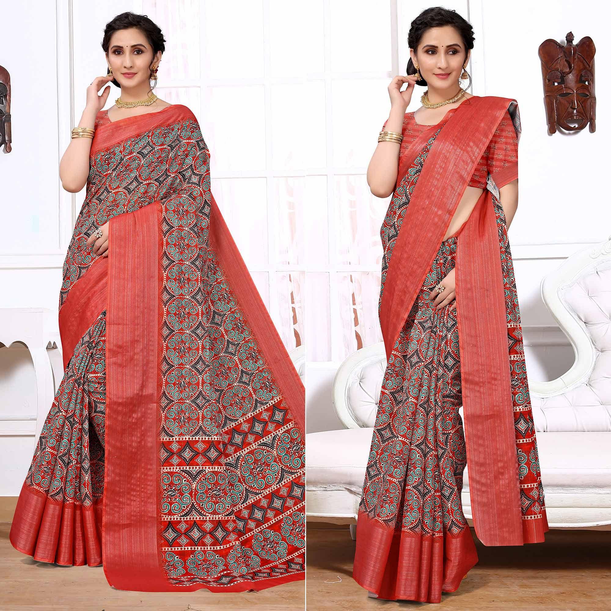 Red Festive Wear Printed Art Silk Saree - Peachmode