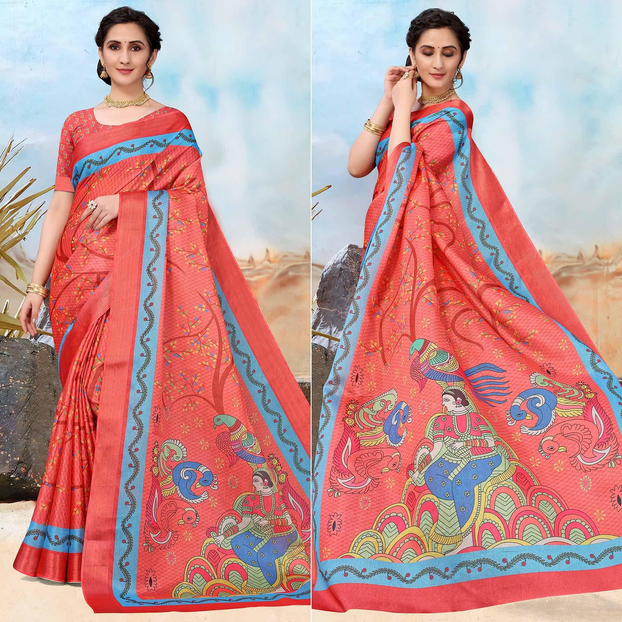 Red Festive Wear Printed Art Silk Saree - Peachmode