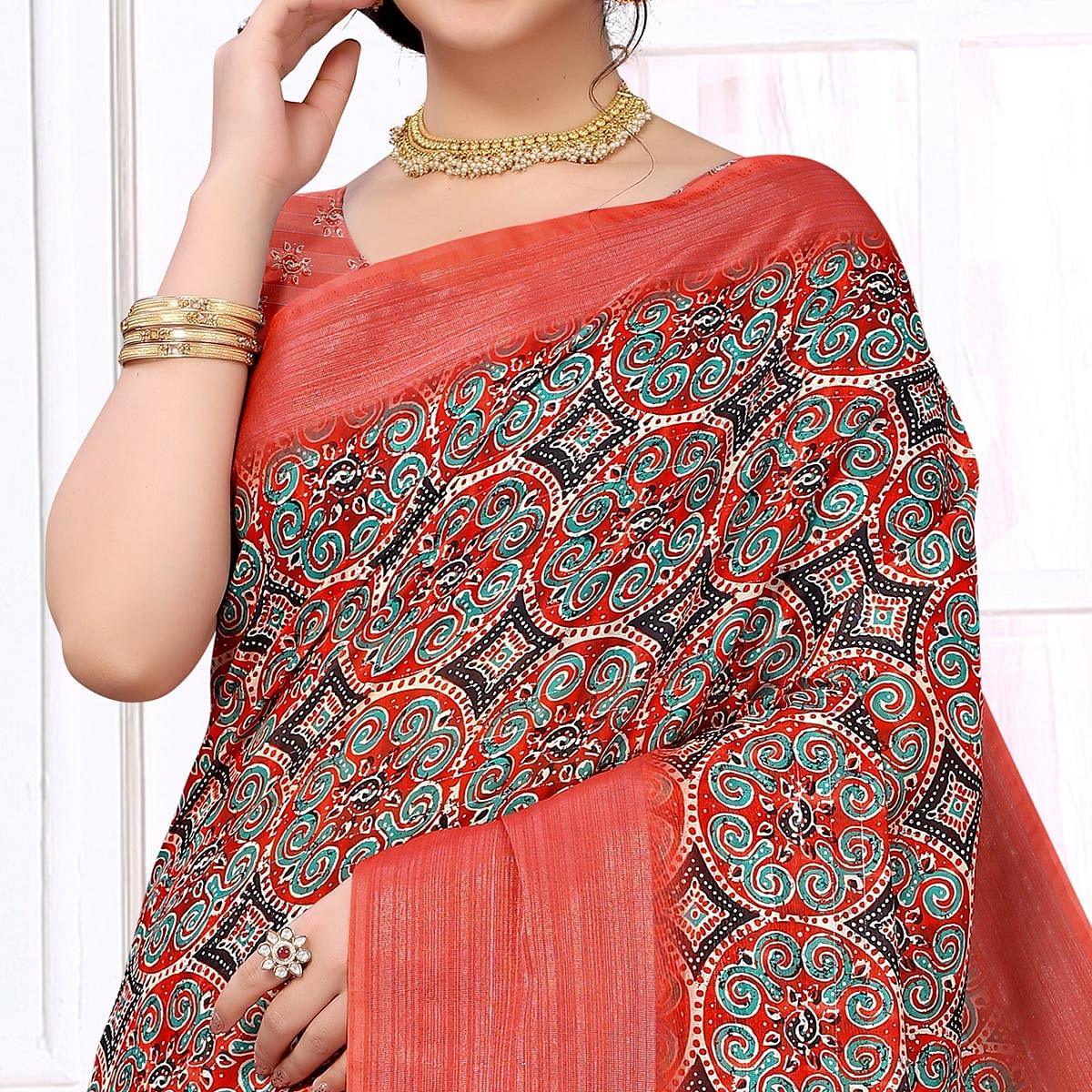 Red Festive Wear Printed Art Silk Saree - Peachmode