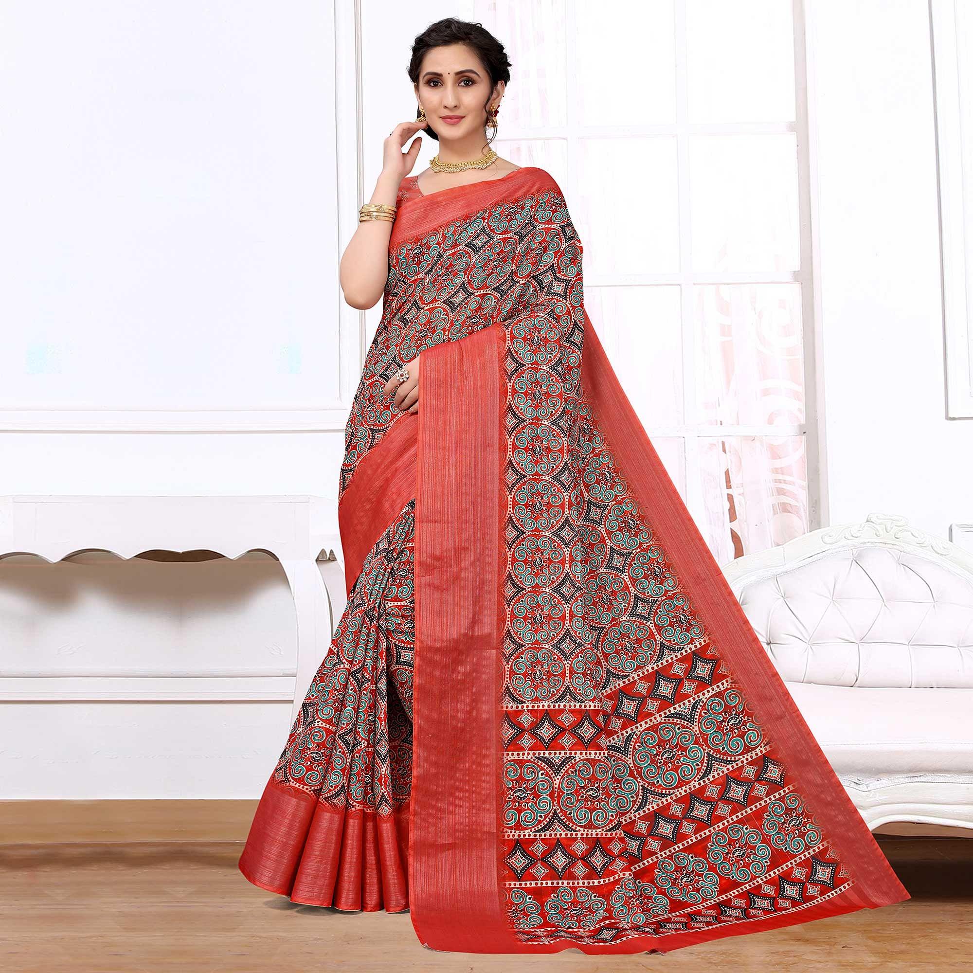 Red Festive Wear Printed Art Silk Saree - Peachmode