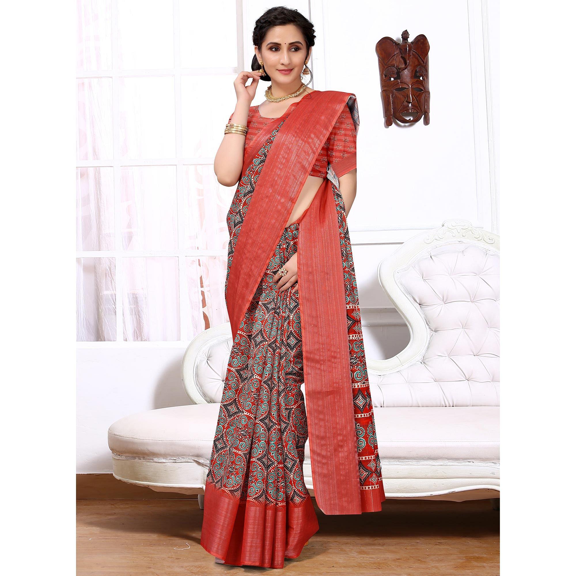 Red Festive Wear Printed Art Silk Saree - Peachmode
