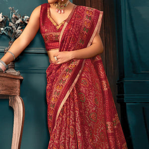 Red Festive Wear Printed Cotton Saree - Peachmode