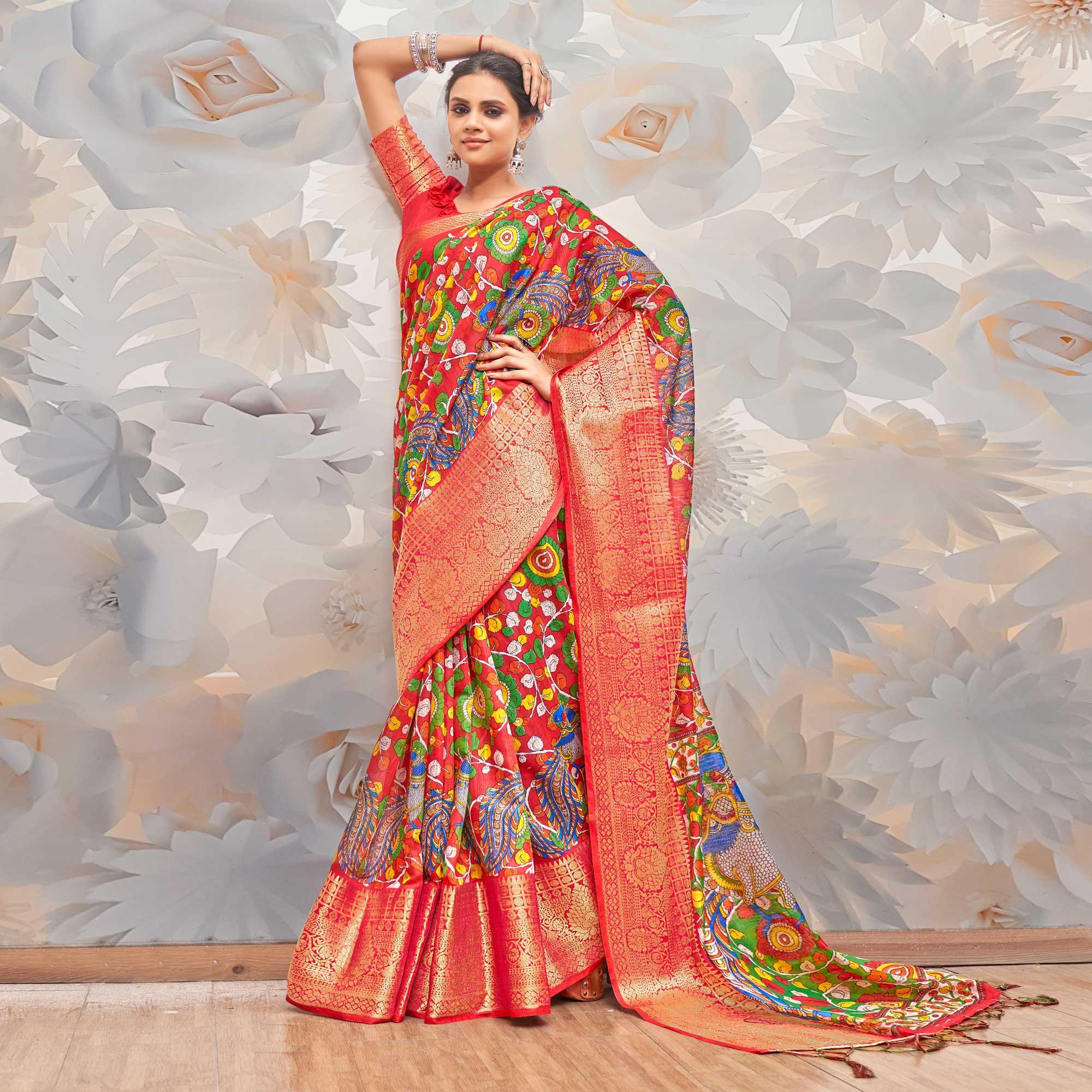 Red Festive Wear Printed Cotton Silk Saree - Peachmode