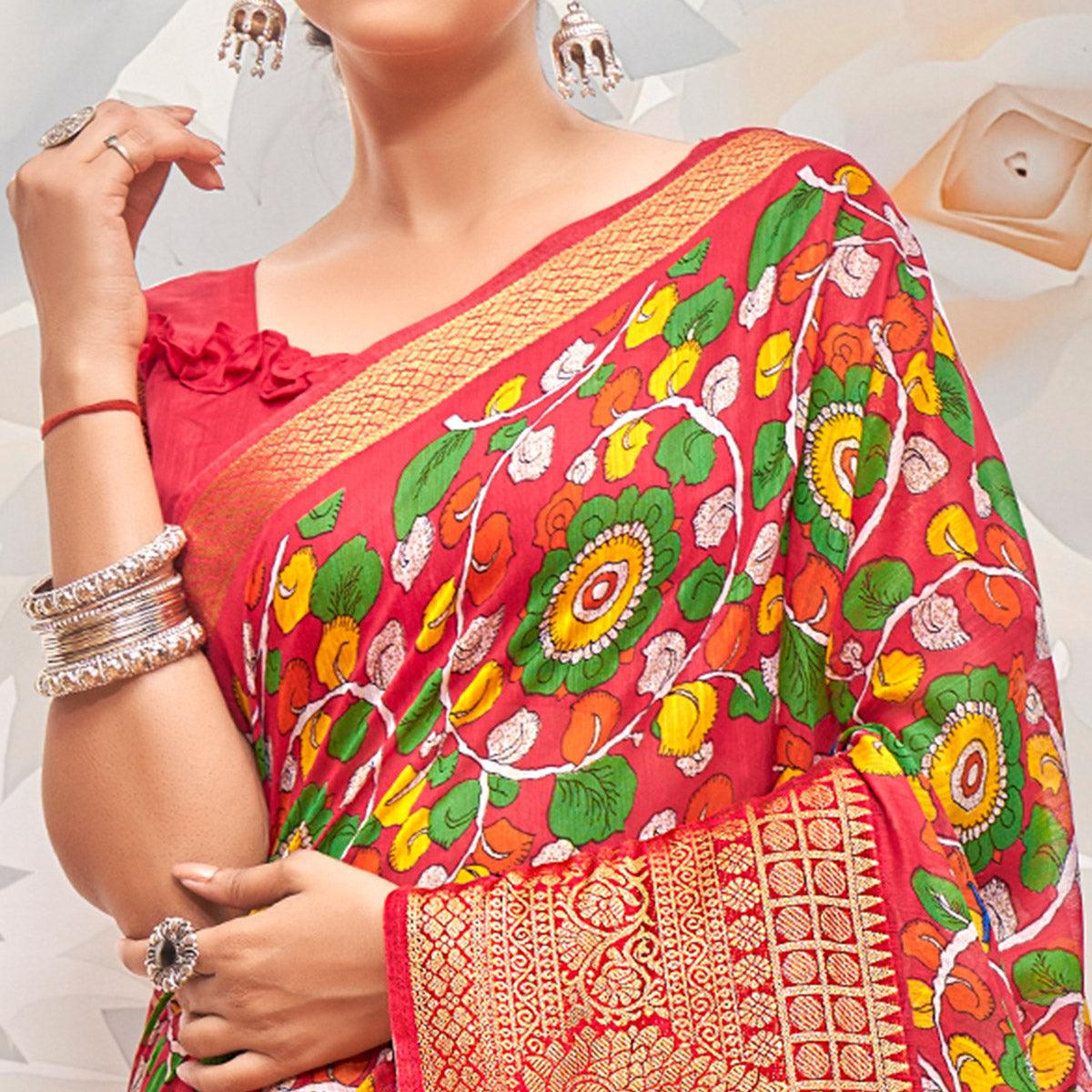 Red Festive Wear Printed Cotton Silk Saree - Peachmode
