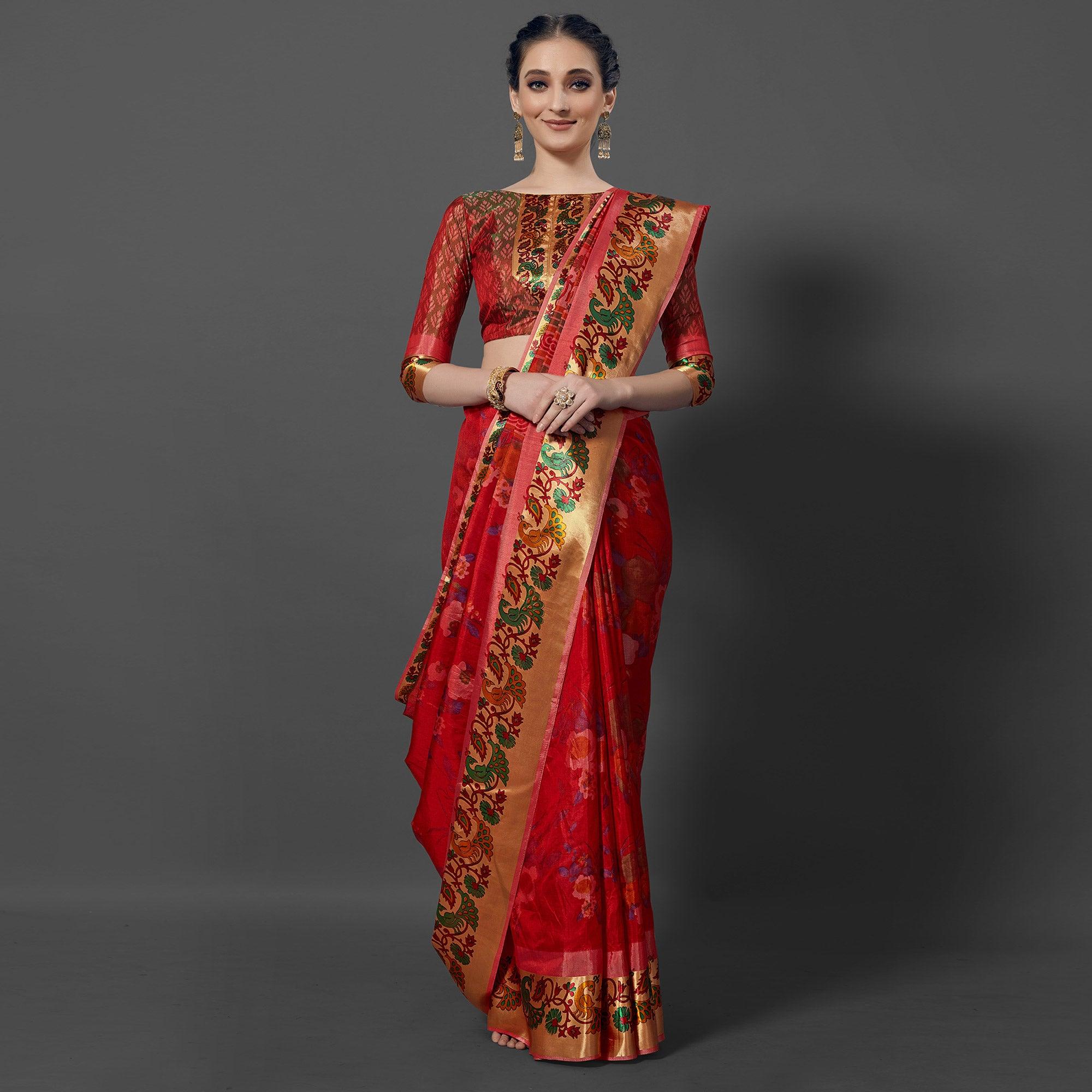 Red Festive Wear Printed Dhakai Silk Saree - Peachmode