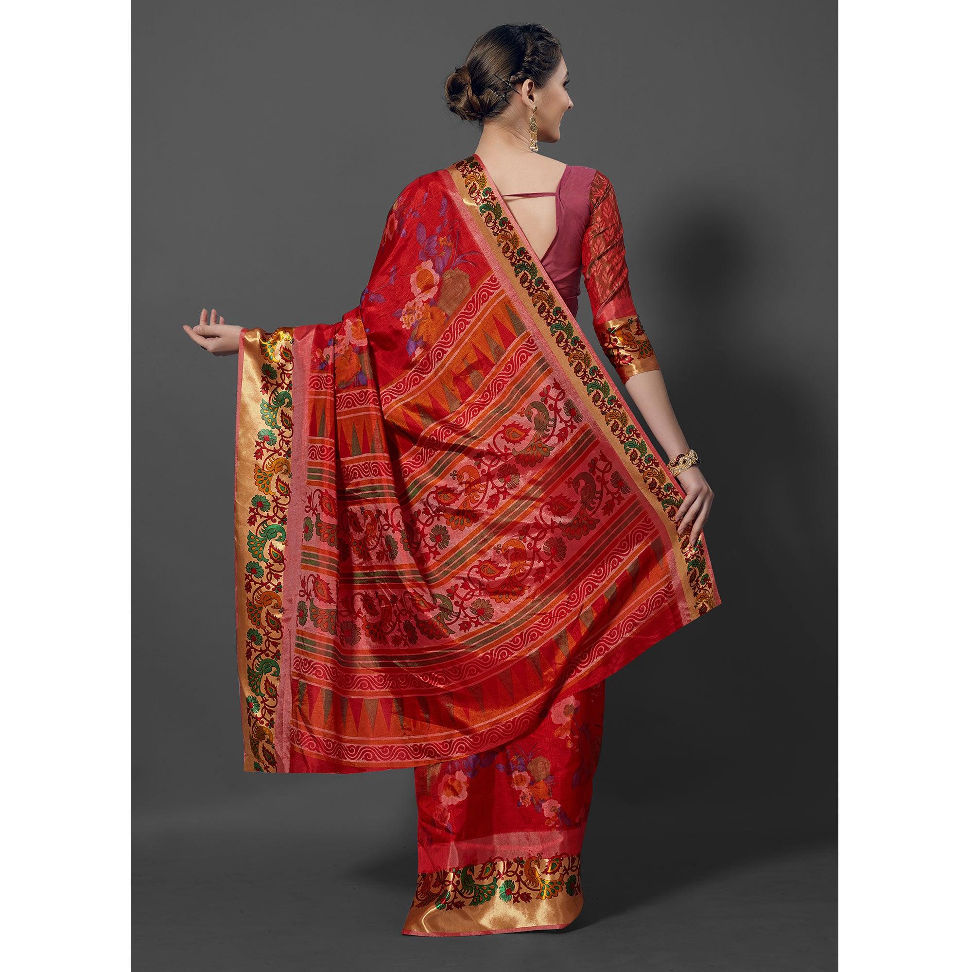 Red Festive Wear Printed Dhakai Silk Saree - Peachmode