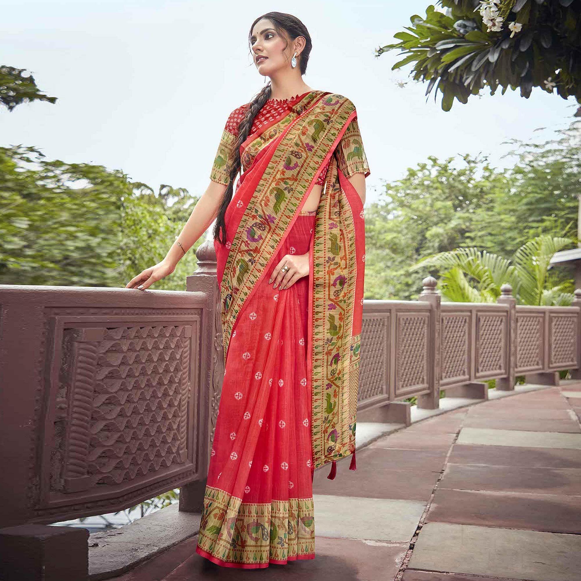 Red Festive Wear Printed Linen Saree With Border - Peachmode