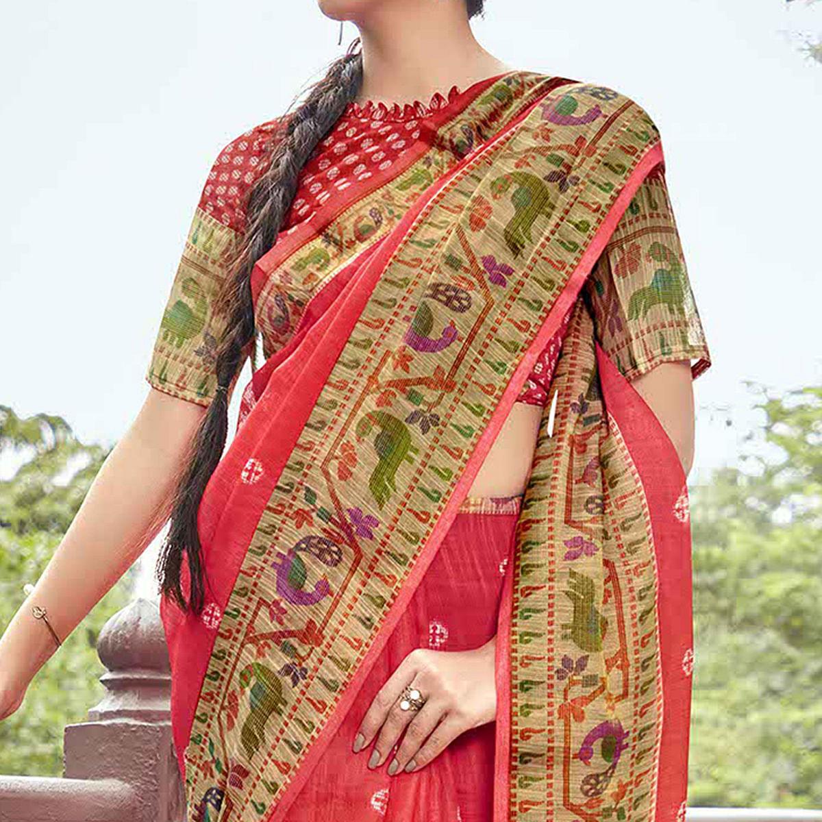 Red Festive Wear Printed Linen Saree With Border - Peachmode