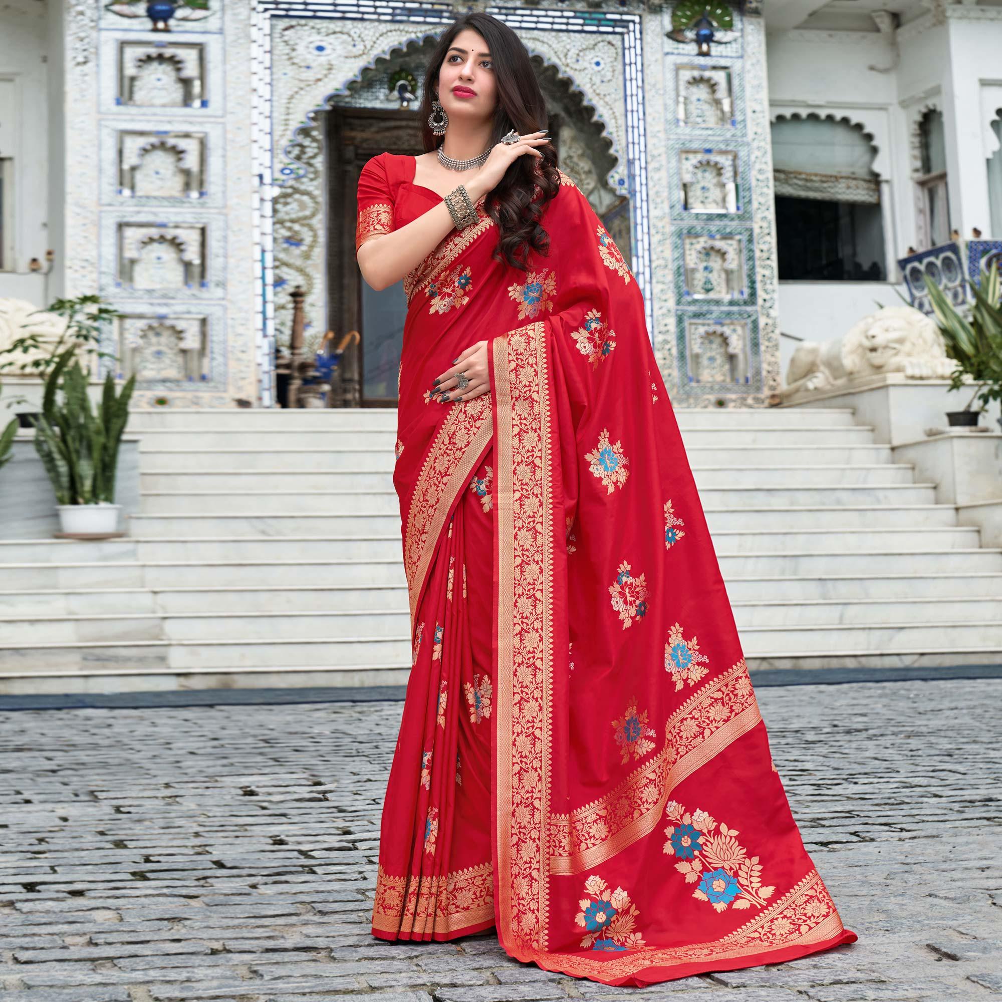 Red Festive Wear Printed Silk Saree - Peachmode
