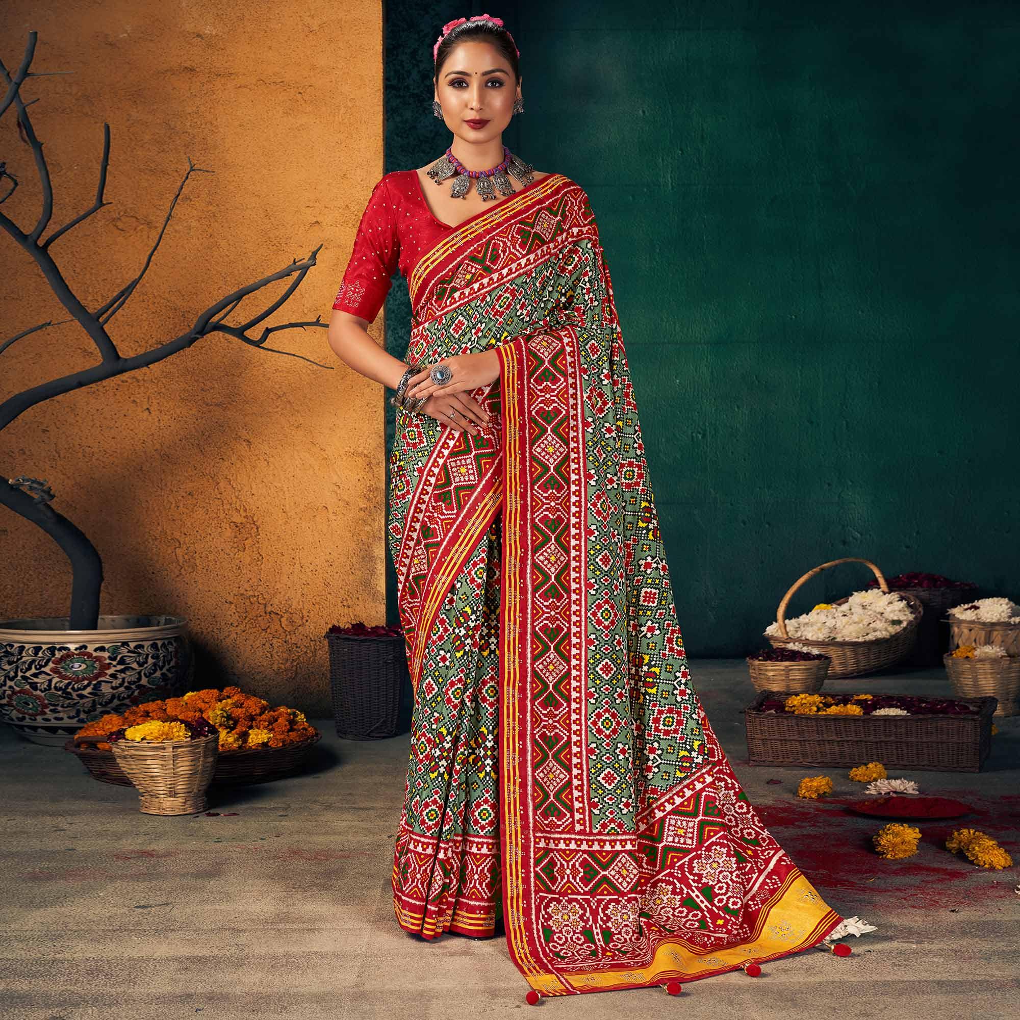 Red Festive Wear Printed With Foil Border Dola Silk Saree - Peachmode