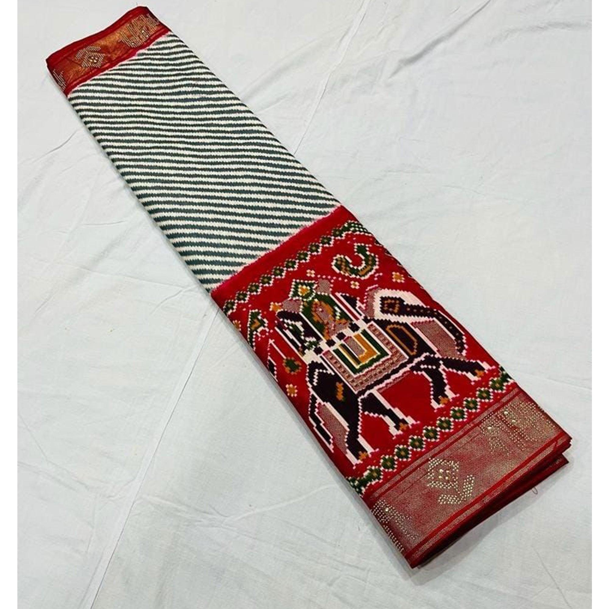Red Festive Wear Printed With Foil Border Dola Silk Saree - Peachmode