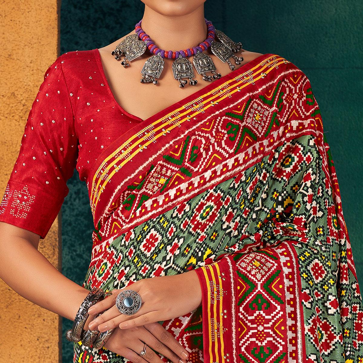 Red Festive Wear Printed With Foil Border Dola Silk Saree - Peachmode
