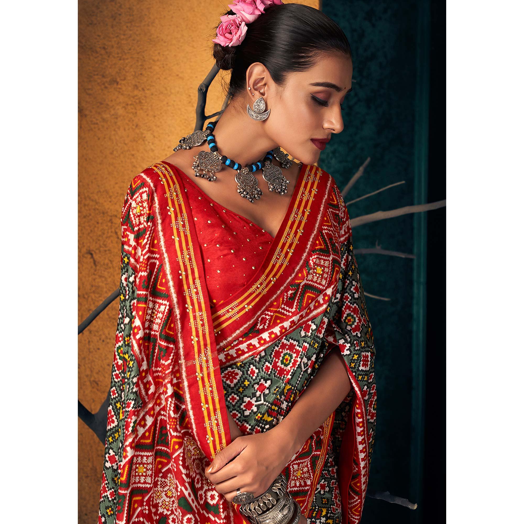 Red Festive Wear Printed With Foil Border Dola Silk Saree - Peachmode