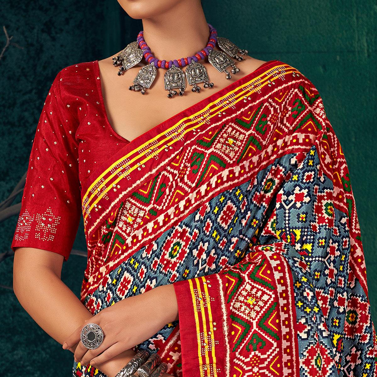 Red Festive Wear Printed With Foil Border Dola Silk Saree - Peachmode