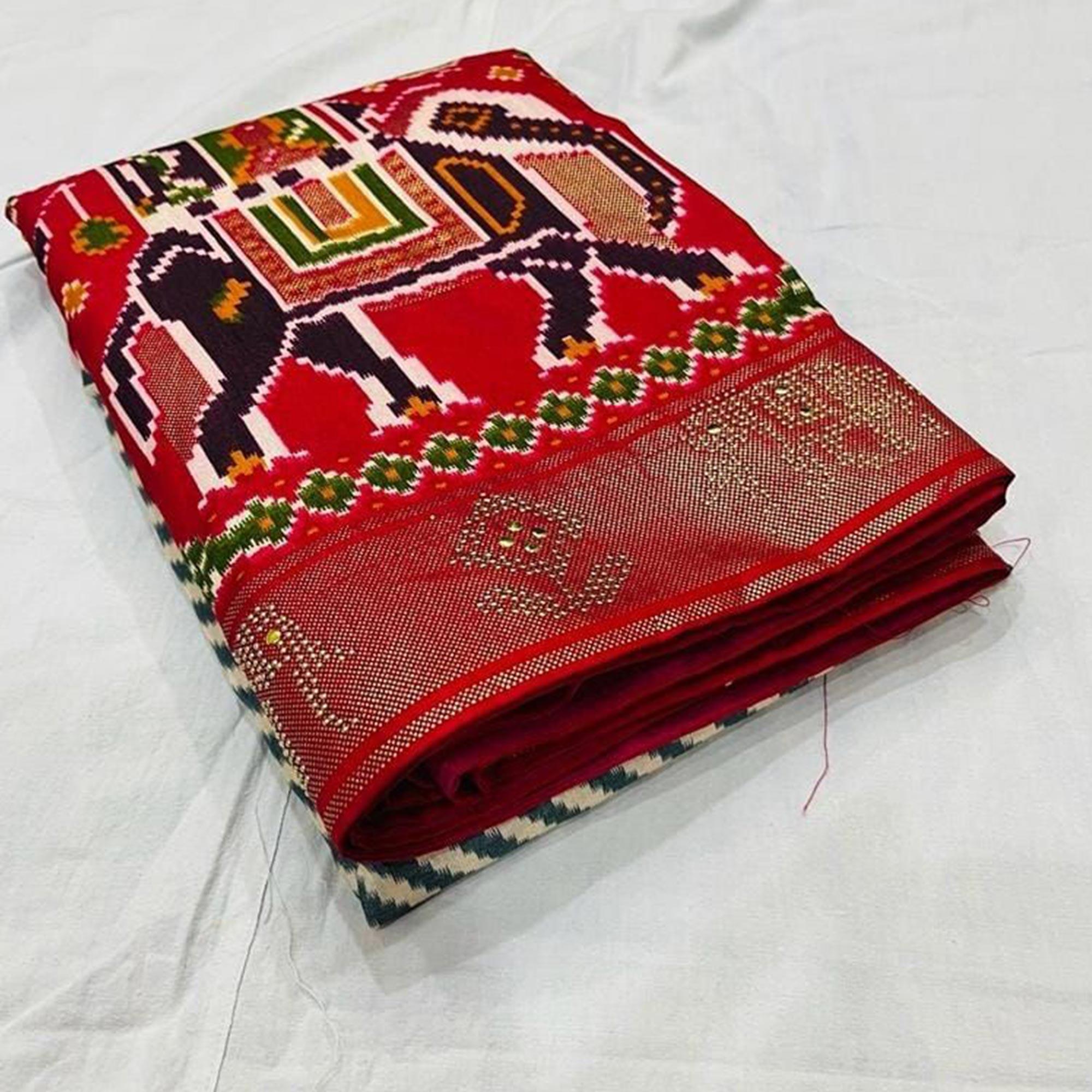 Red Festive Wear Printed With Foil Border Dola Silk Saree - Peachmode