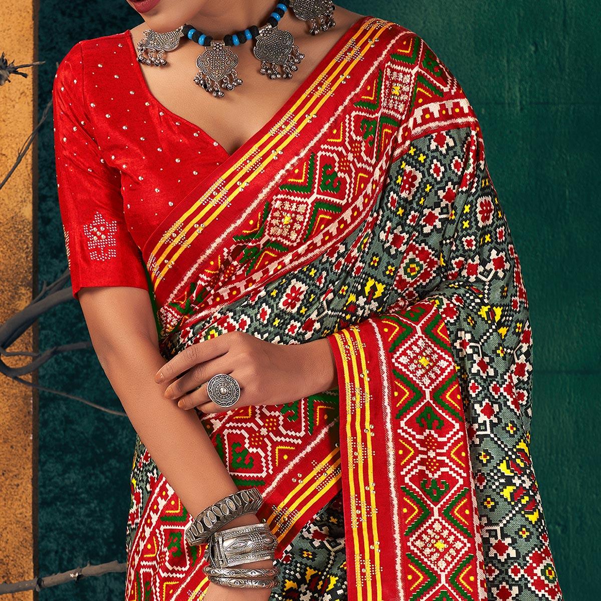 Red Festive Wear Printed With Foil Border Dola Silk Saree - Peachmode
