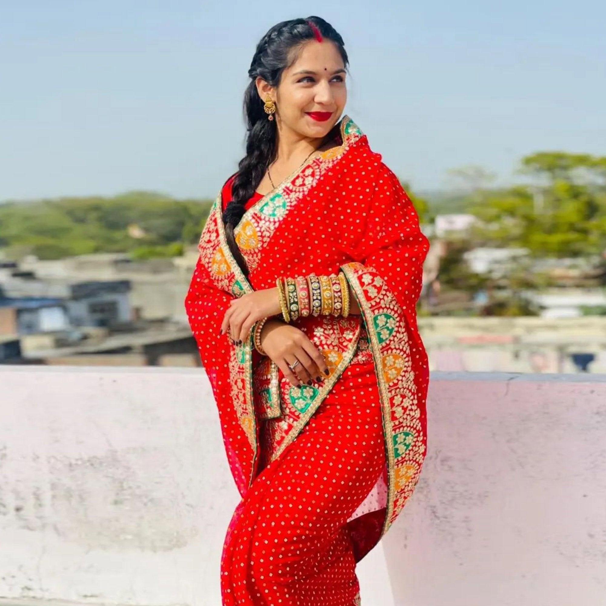 Red Festive Wear Printed With Gota Lace Gerogatte Saree - Peachmode