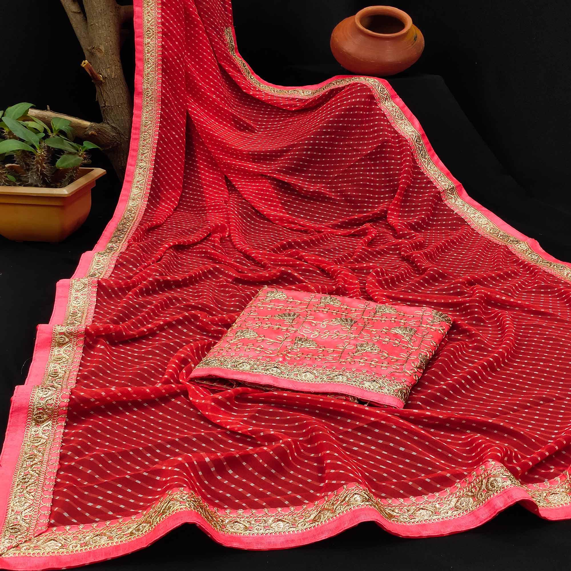 Red Festive Wear Printed With Lace Border Georgette Saree - Peachmode