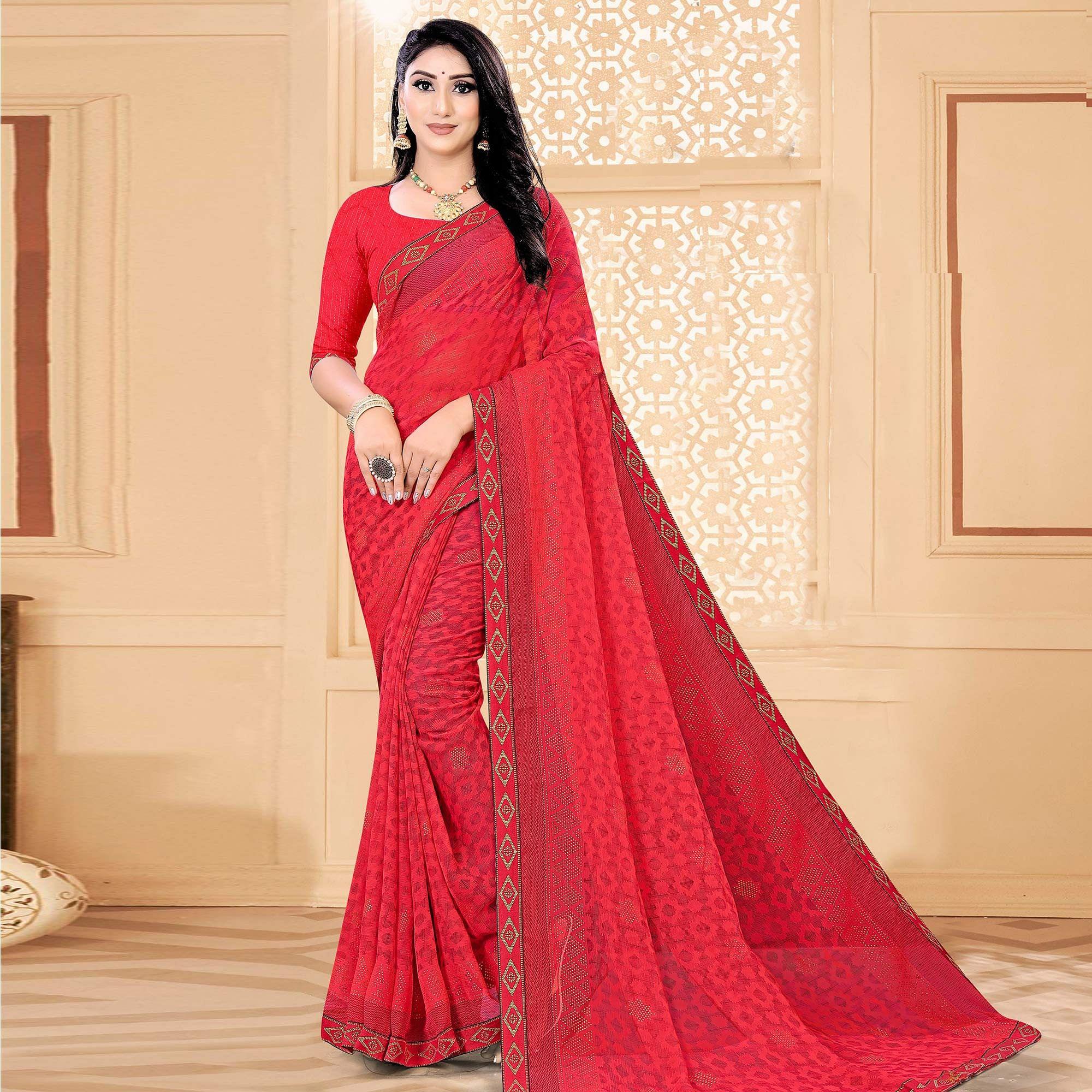 Red Festive Wear Printed With Lace Work Chiffon Designer Saree - Peachmode