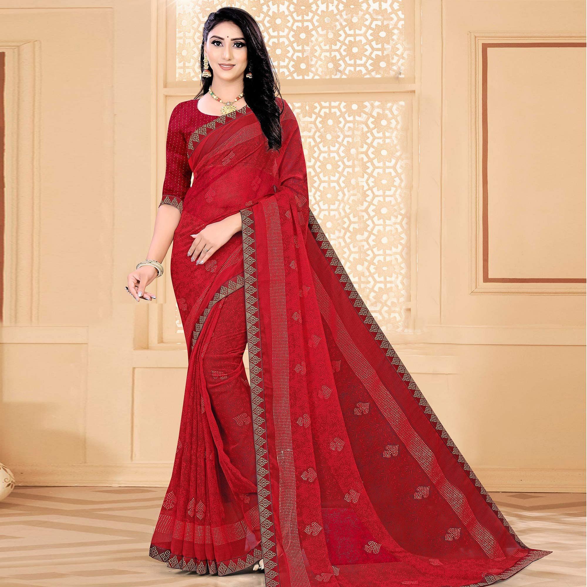 Red Festive Wear Printed With Lace Work Chiffon Designer Saree - Peachmode