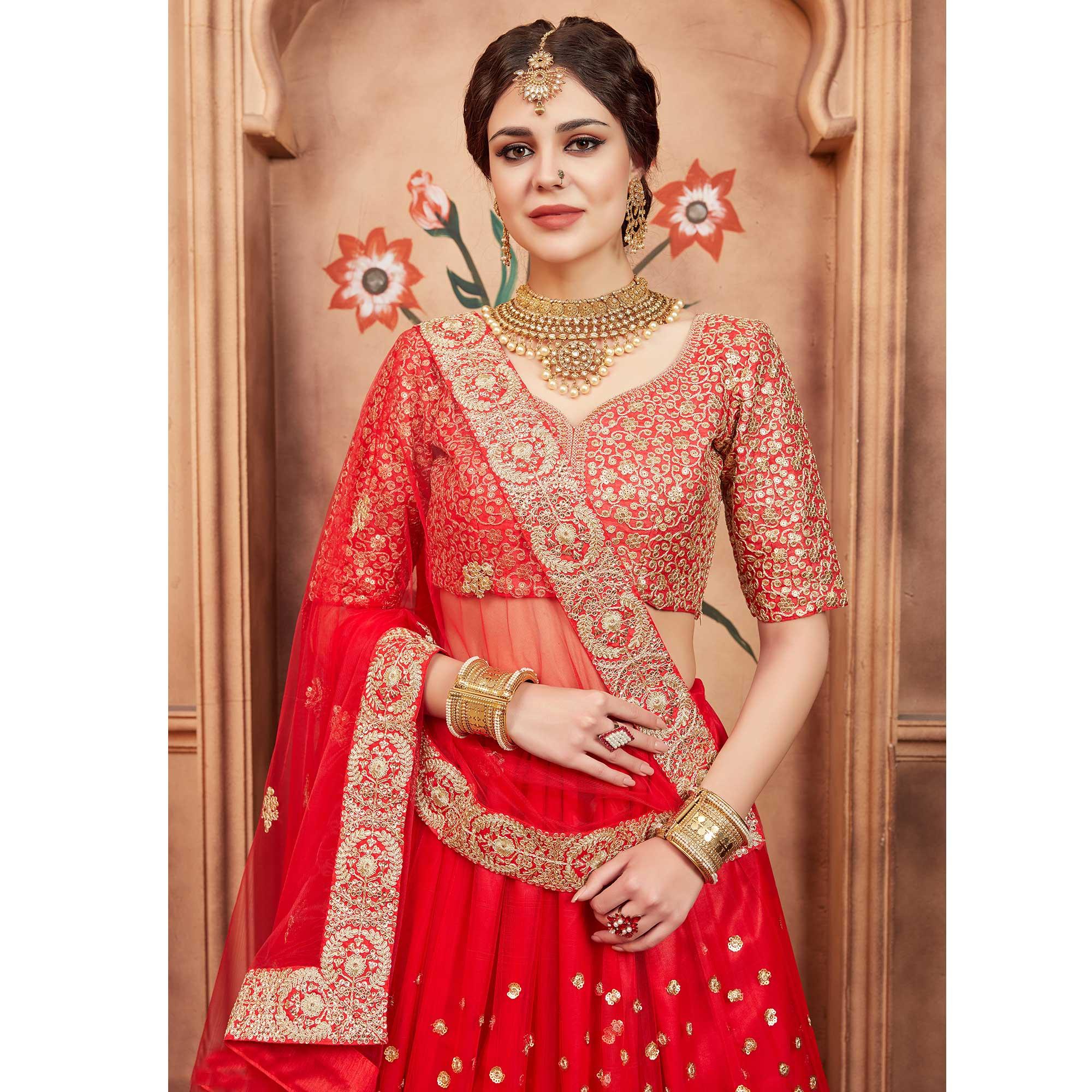 Red Festive Wear Sequence Dori Work Soft Net Lehenga Choli - Peachmode