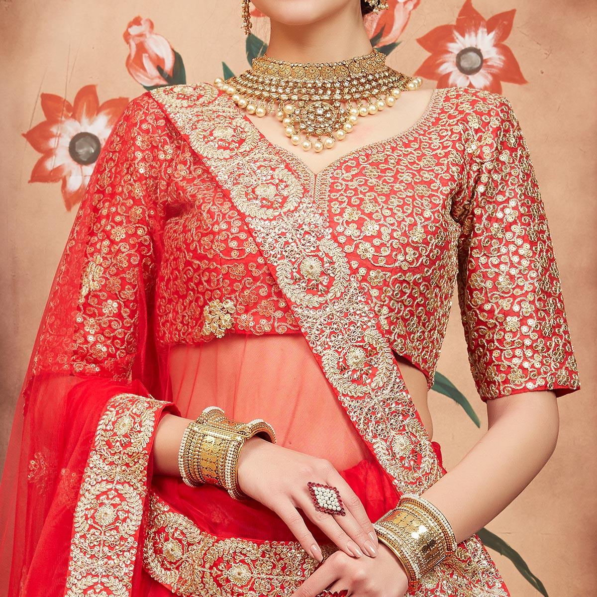 Red Festive Wear Sequence Dori Work Soft Net Lehenga Choli - Peachmode