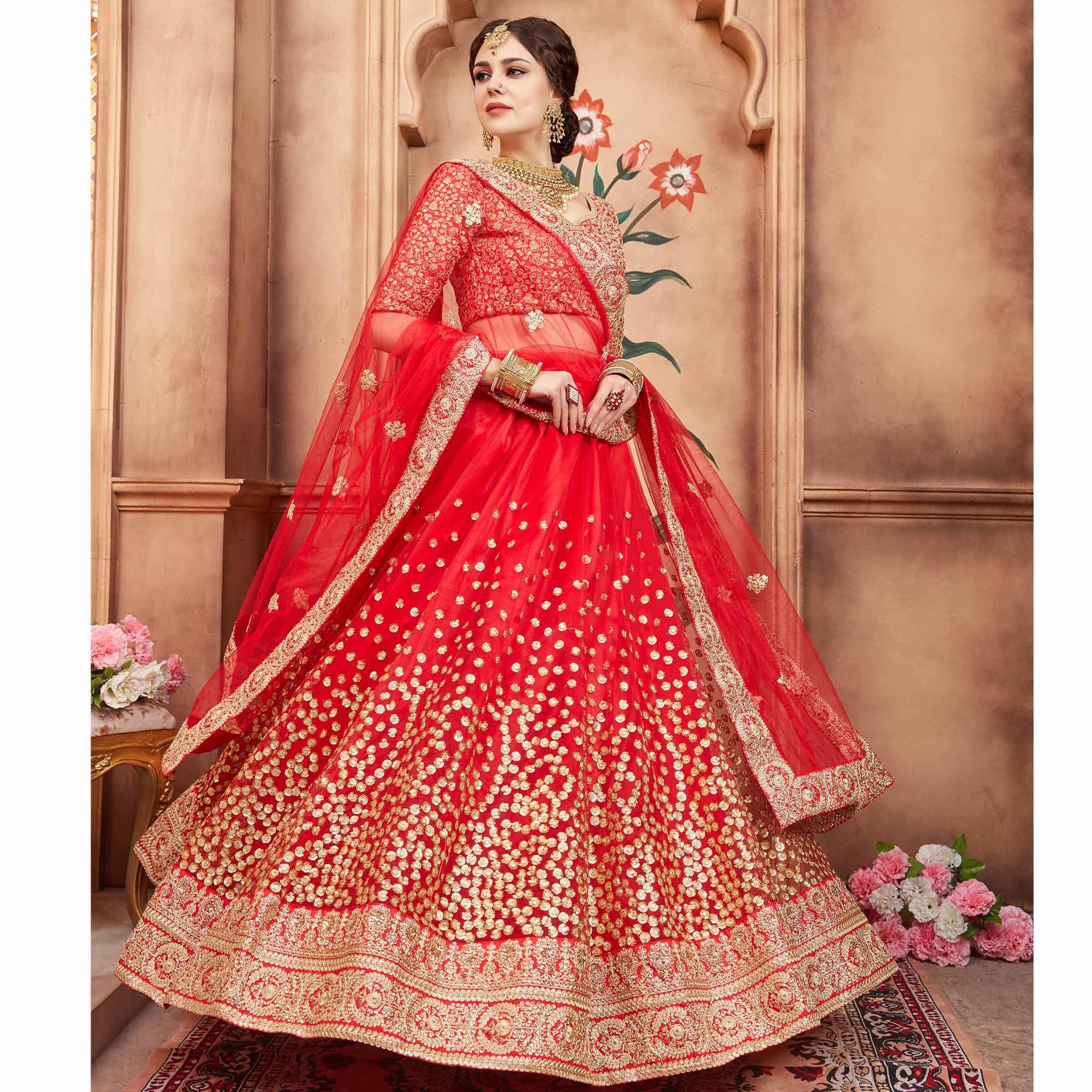 Red Festive Wear Sequence Dori Work Soft Net Lehenga Choli - Peachmode