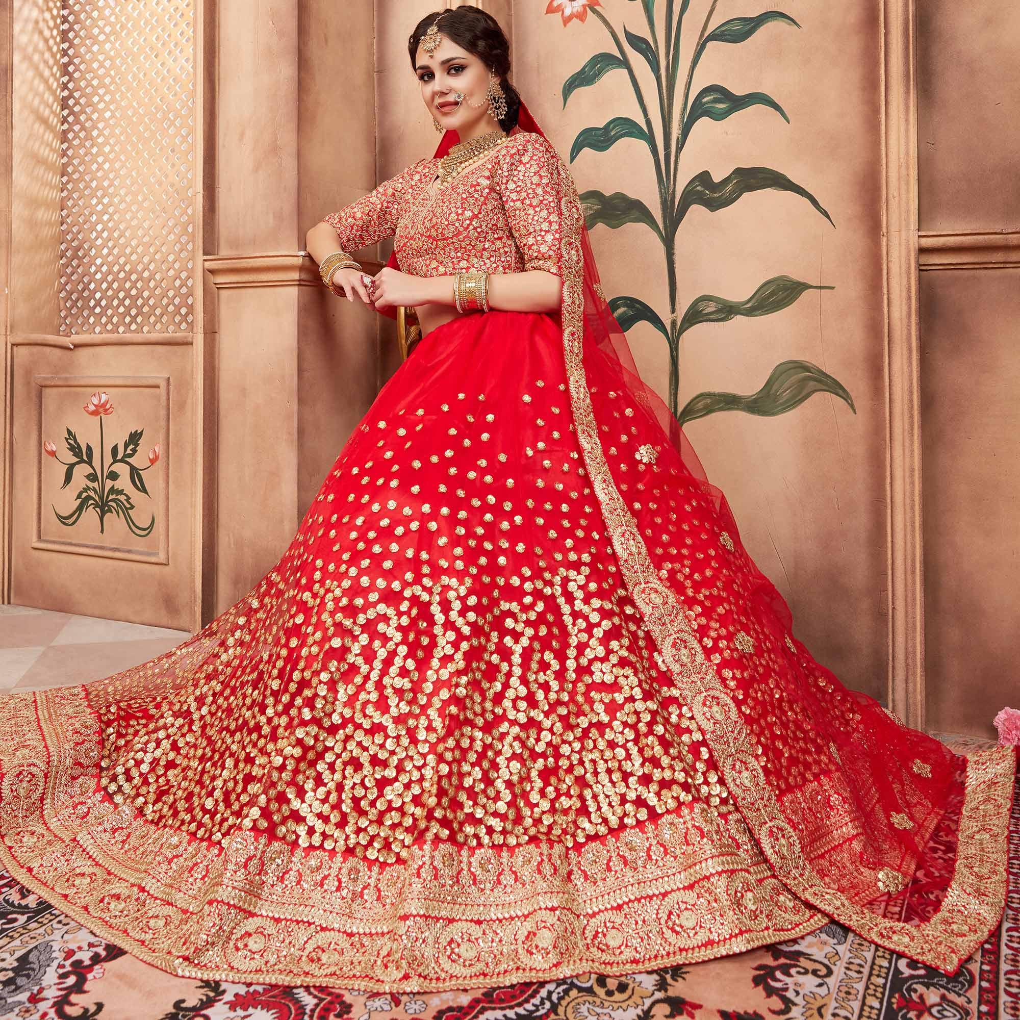 Red Festive Wear Sequence Dori Work Soft Net Lehenga Choli - Peachmode
