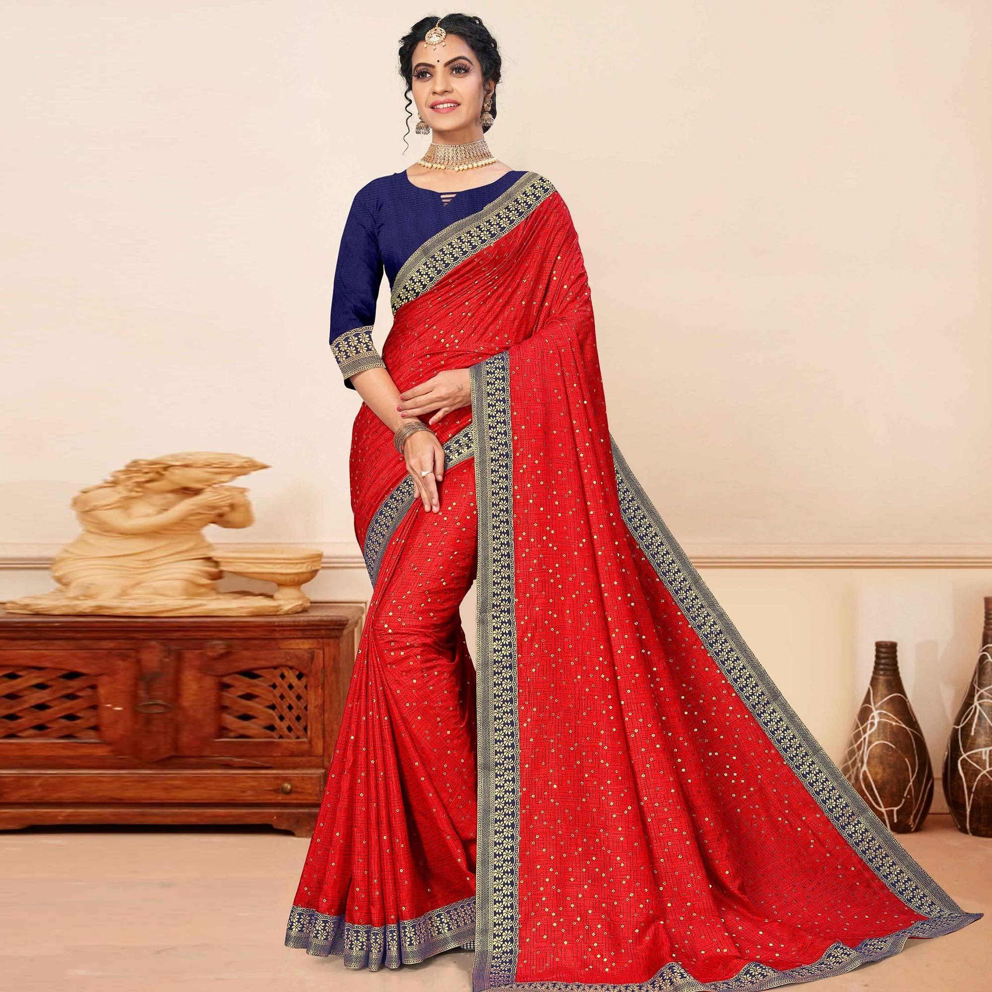 Red Festive Wear Sequence Embroidered Vichitra Silk Saree - Peachmode