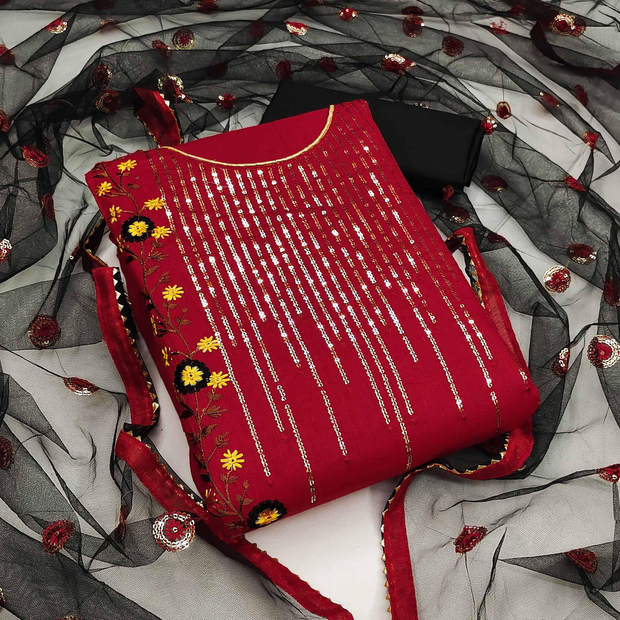 Red Festive Wear Sequence With Floral Embroidered Cotton Dress Material - Peachmode