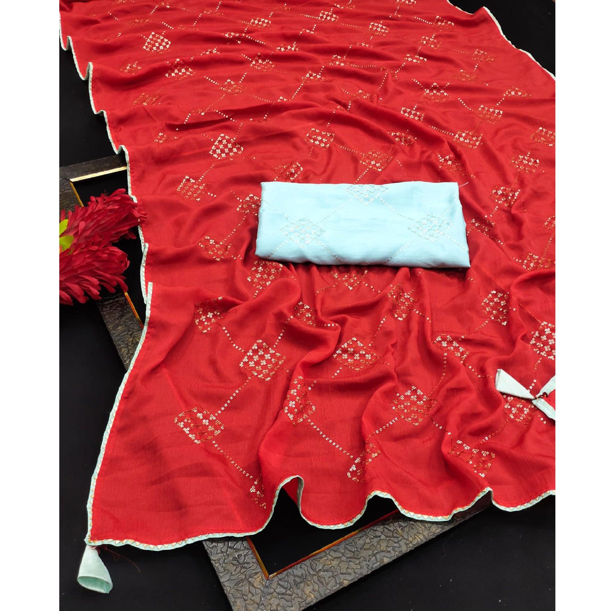 Red Festive Wear Sequence Work Chiffon Saree - Peachmode