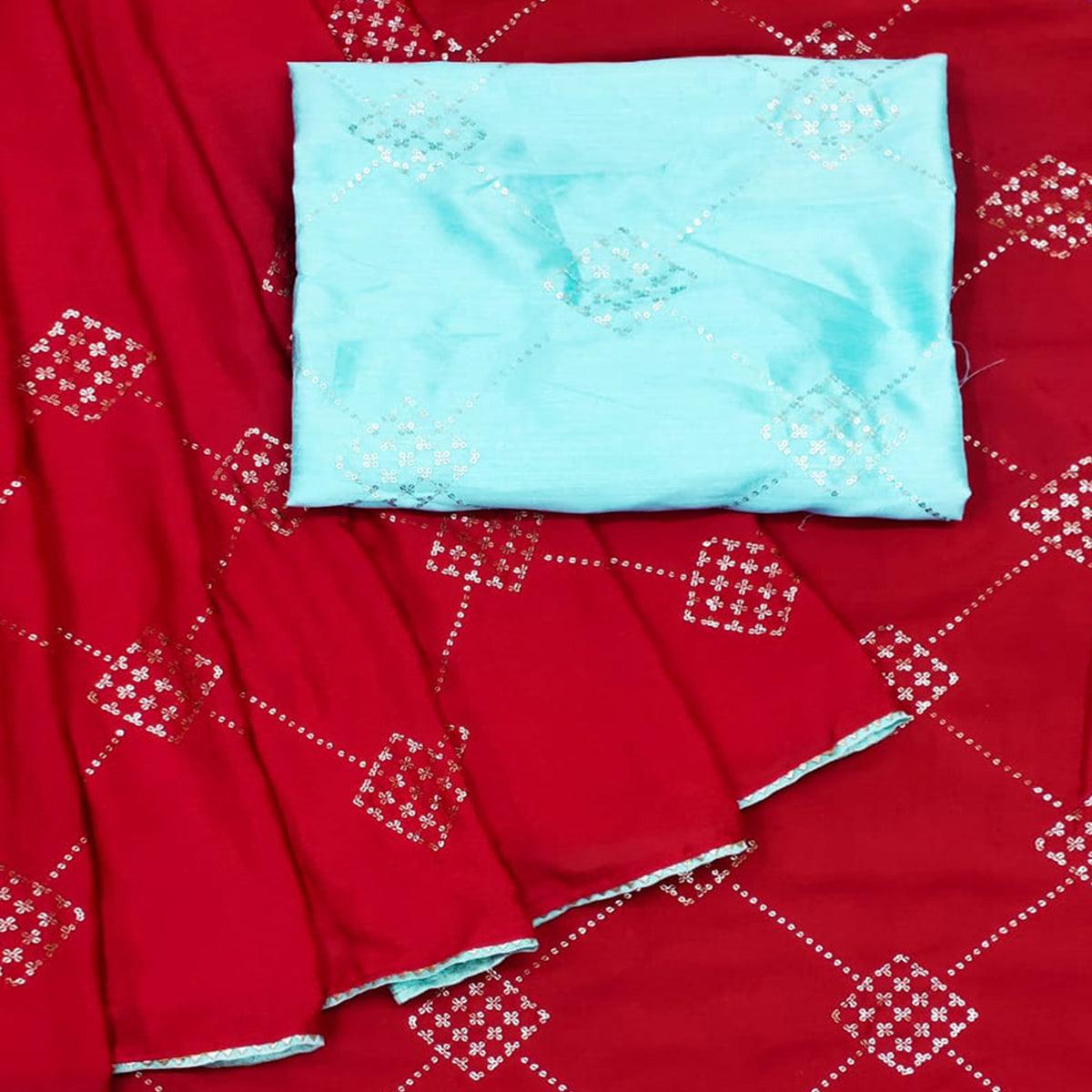Red Festive Wear Sequence Work Chiffon Saree - Peachmode