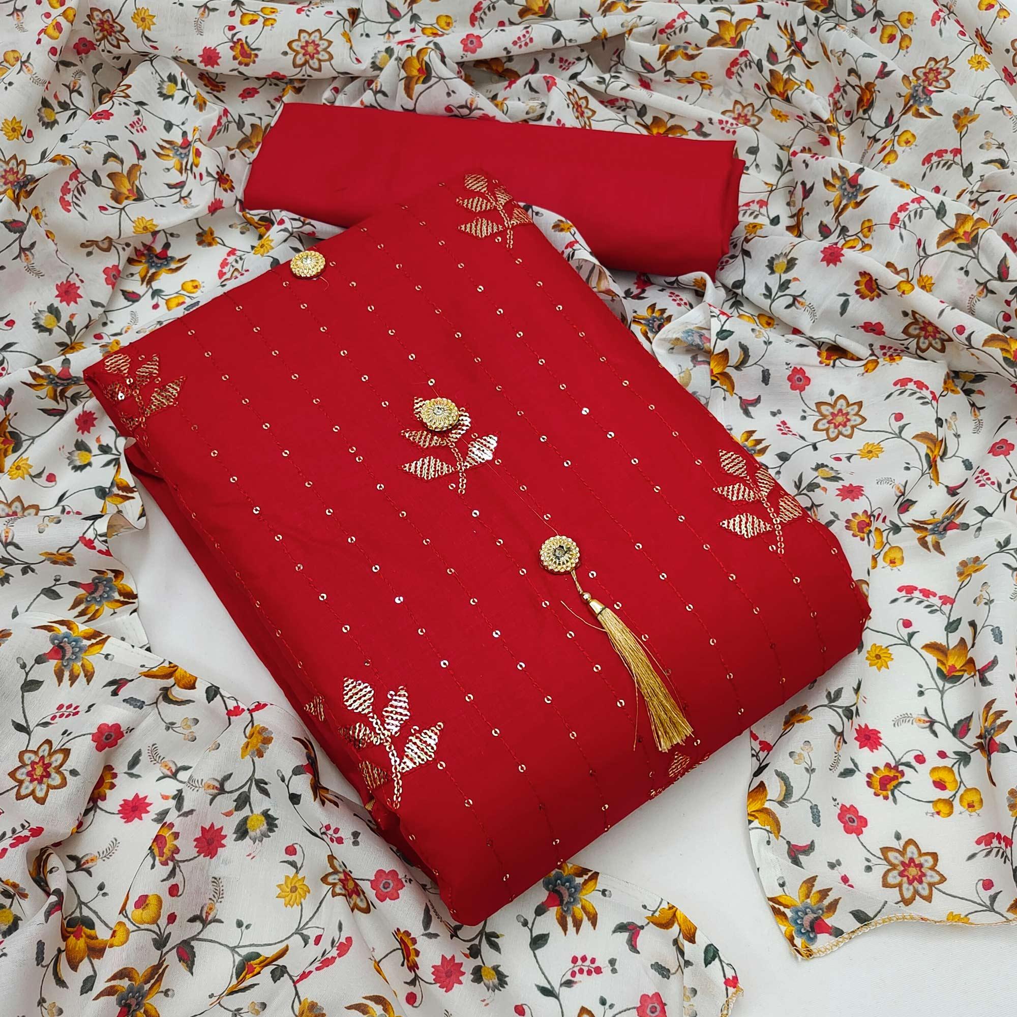 Red Festive Wear Sequence Work Cotton Dress Material - Peachmode